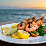 **

"A professional food photographer's shot of a beautifully arranged plate of grilled prawns at Ponto D'Ouro restaurant, Mozambique. The prawns are perfectly cooked and seasoned, presented on a white plate with a side of fresh lemon wedges. The background shows a blurred view of the ocean at sunset, with gentle waves. fully clothed, appropriate content, safe for work, professional, modest, perfect anatomy, natural proportions, well-formed hands, proper finger count, high quality."

**