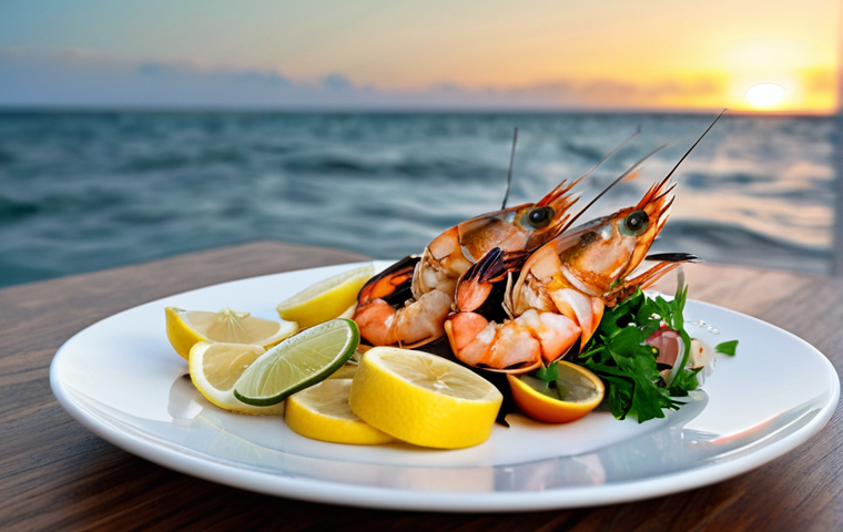 **

"A professional food photographer's shot of a beautifully arranged plate of grilled prawns at Ponto D'Ouro restaurant, Mozambique. The prawns are perfectly cooked and seasoned, presented on a white plate with a side of fresh lemon wedges. The background shows a blurred view of the ocean at sunset, with gentle waves. fully clothed, appropriate content, safe for work, professional, modest, perfect anatomy, natural proportions, well-formed hands, proper finger count, high quality."

**