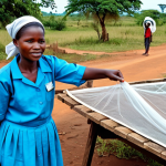 **

A community health worker in Mozambique, fully clothed in appropriate attire, visiting a rural village to educate families about malaria prevention. The scene should depict a modest home, with the health worker demonstrating mosquito net use. Include visuals representing stagnant water sources and the importance of cleanliness. Safe for work, appropriate content, family-friendly, perfect anatomy, natural proportions, professional illustration.

**