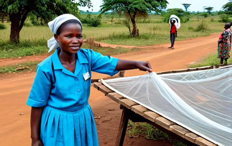 **

A community health worker in Mozambique, fully clothed in appropriate attire, visiting a rural village to educate families about malaria prevention. The scene should depict a modest home, with the health worker demonstrating mosquito net use. Include visuals representing stagnant water sources and the importance of cleanliness. Safe for work, appropriate content, family-friendly, perfect anatomy, natural proportions, professional illustration.

**