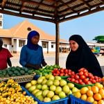 "A vibrant marketplace scene in Mozambique, showcasing the blend of cultures. Muslim women in modest, colorful hijabs and Christian women in traditional capulanas are selling fruits and crafts. A mosque and a church are visible in the background. Warm, sunny lighting. Safe for work, appropriate content, fully clothed, professional, family-friendly, perfect anatomy, correct proportions, natural pose."