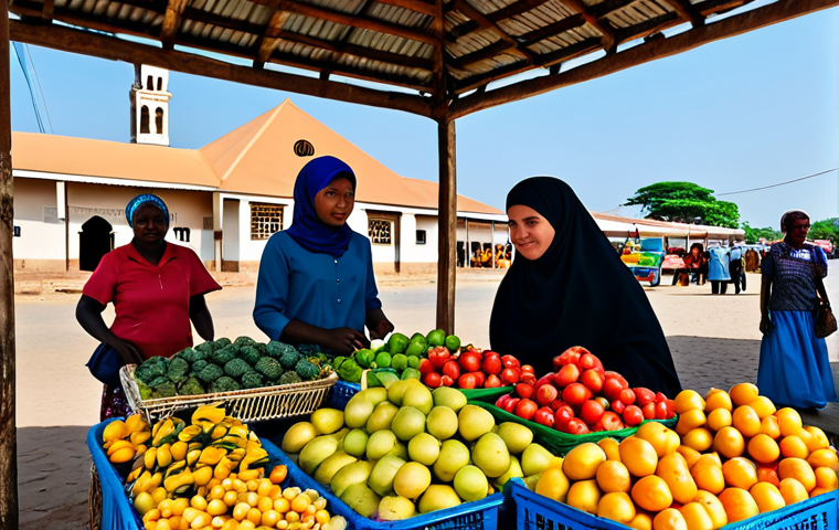 "A vibrant marketplace scene in Mozambique, showcasing the blend of cultures. Muslim women in modest, colorful hijabs and Christian women in traditional capulanas are selling fruits and crafts. A mosque and a church are visible in the background. Warm, sunny lighting. Safe for work, appropriate content, fully clothed, professional, family-friendly, perfect anatomy, correct proportions, natural pose."