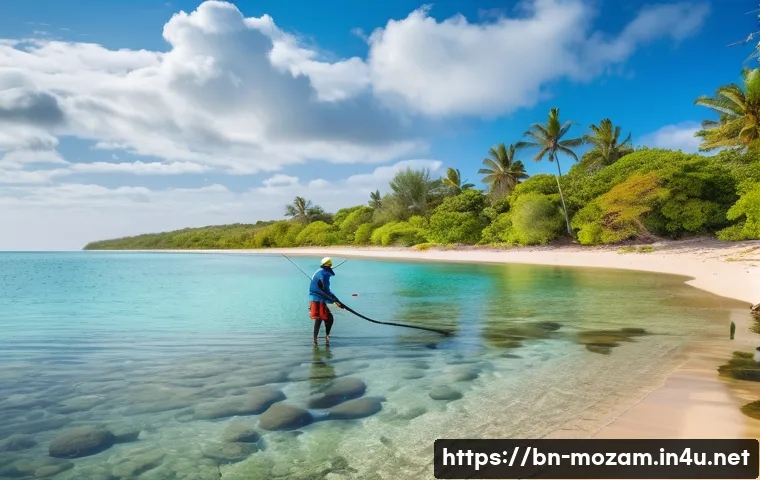 모잠비크에서 유명한 바다 낚시 스팟 - A vibrant coastal fishing scene near Mozambique’s shoreline during early morning, showcasing a diver...
