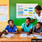 모잠비크의 공용어 포르투갈어 - A vibrant urban classroom scene in Mozambique where diverse students, dressed modestly in casual clo...