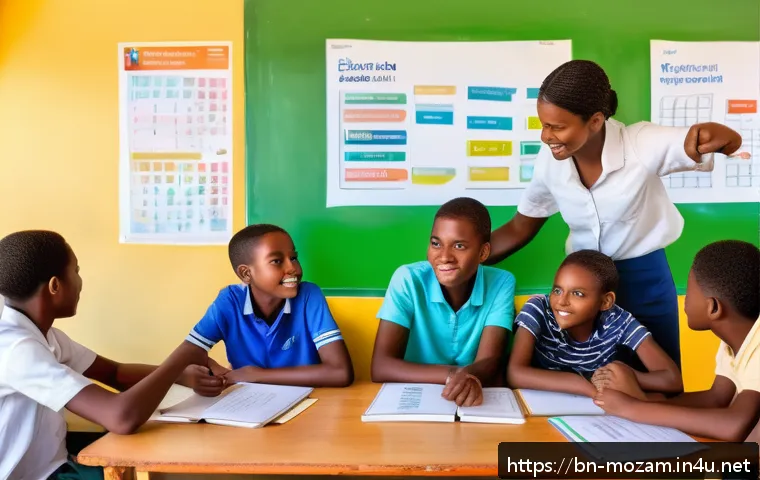 모잠비크의 공용어 포르투갈어 - A vibrant urban classroom scene in Mozambique where diverse students, dressed modestly in casual clo...