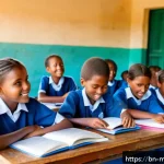 모잠비크의 교육 제도 - A vibrant rural classroom scene in Mozambique showing a group of enthusiastic schoolchildren wearing...