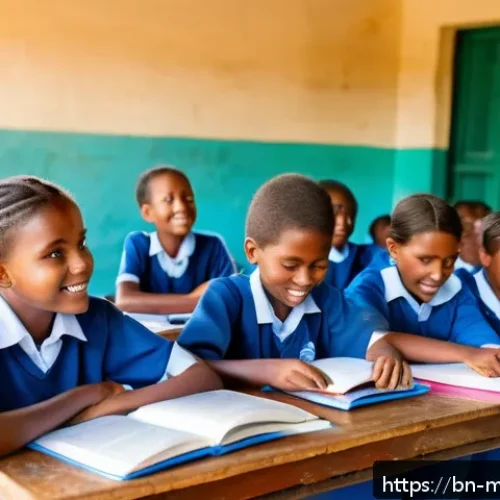 모잠비크의 교육 제도 - A vibrant rural classroom scene in Mozambique showing a group of enthusiastic schoolchildren wearing...