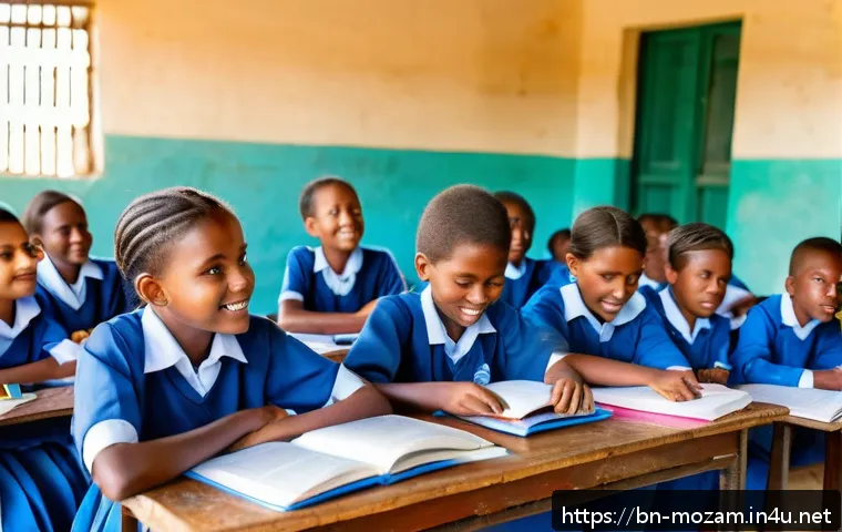 모잠비크의 교육 제도 - A vibrant rural classroom scene in Mozambique showing a group of enthusiastic schoolchildren wearing...