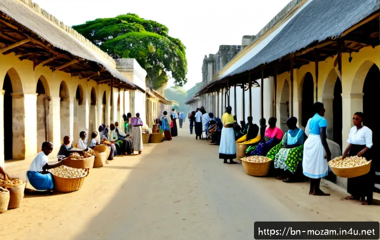 포르투갈 식민지 시절 모잠비크 - Photorealistic historical scene of colonial-era Mozambique in the early 1900s, a coastal trading str...
