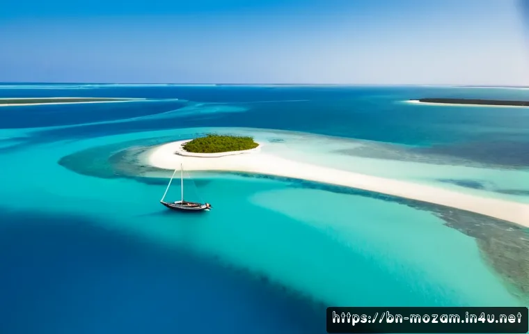 모잠비크에서 가장 유명한 자연 명소 - Photorealistic aerial view of Mozambique’s Bazaruto Archipelago, brilliant turquoise Indian Ocean su...
