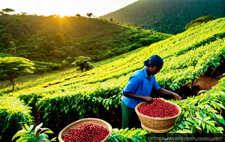 모잠비크 커피 산업 성장 가능성 - Photorealistic sunrise view of a thriving coffee farm in Mozambique, African smallholder farmers wea...